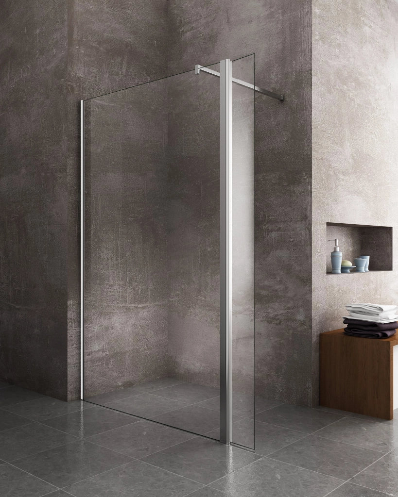 Parete doccia Walk In con anta mobile paraspruzzi vetro temprato 8mm H 200 cm misura 70 cm lastra + 40 cm antina