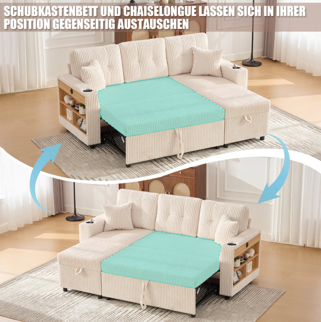 Divano letto estraibile in velluto a coste beige con contenitore; LED e USB-C