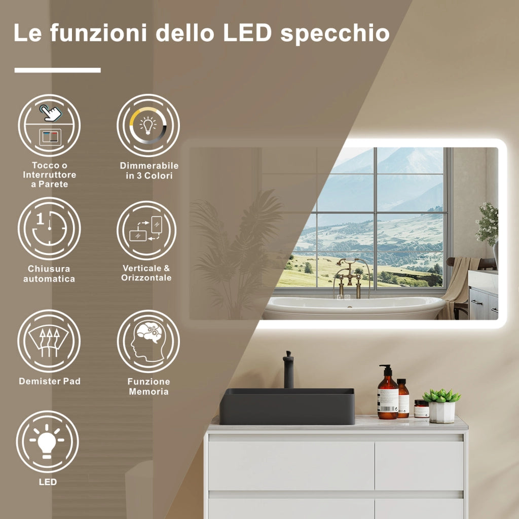 Aica Specchio da bagno a LED con Bluetooth 100 x 60 cm, 3 colori di luce regolabili, tasti a sfioramento