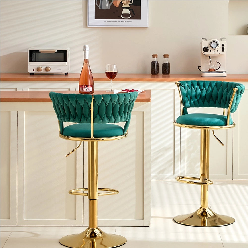 Coppia Sgabelli da Cucina Bar Schienale Intrecciato Velluto e Struttura Oro Verde