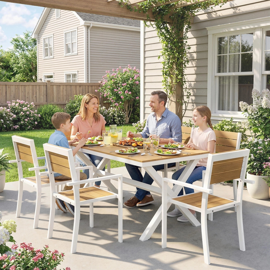 Set di mobili da giardino set da sedere tavolo in 7 pezzi con 6 sedie impilabili aspetto legno telaio in alluminio teak