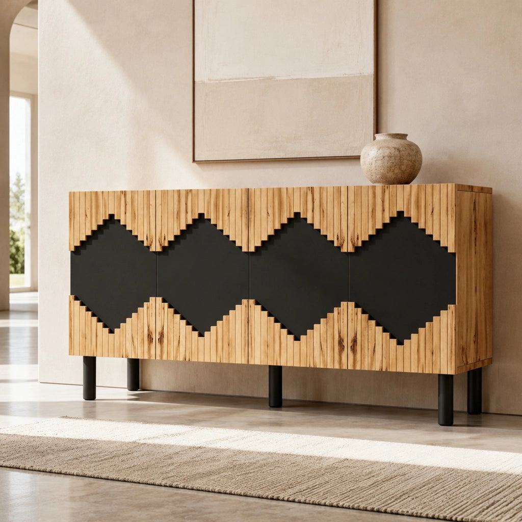 Credenza a 4 ante con apertura push open, scomparti chiusi, MDF e truciolare, legno e nero 140 × 40 × 70 cm