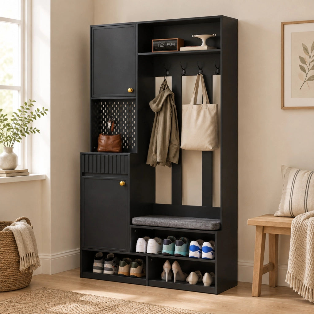 Mobile ingresso con panca 100x35x180 cm; 4 ganci e cassetti in MDF nero