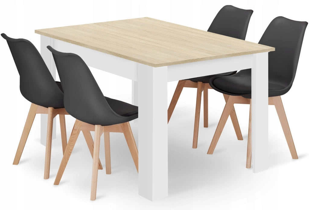 Set tavolo rettangolare VALORA con 4 sedie RIXK nere - Rovere Sonoma