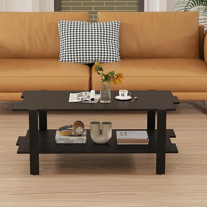 Tavolino da Caffè a 2 Ripiani, Tavolino Rettangolare da Salotto in Legno con Mensola di Stoccaggio, Ideale per Ufficio e Soggiorno, 115 x 59 x 46 cm (Nero)