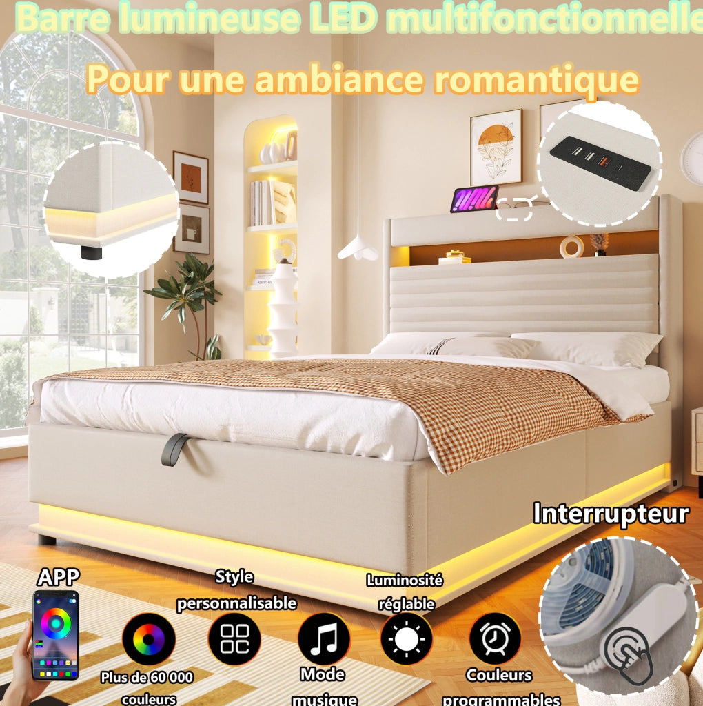 Letto matrimoniale contenitore 140x200 cm con LED; USB e USB-C in lino beige