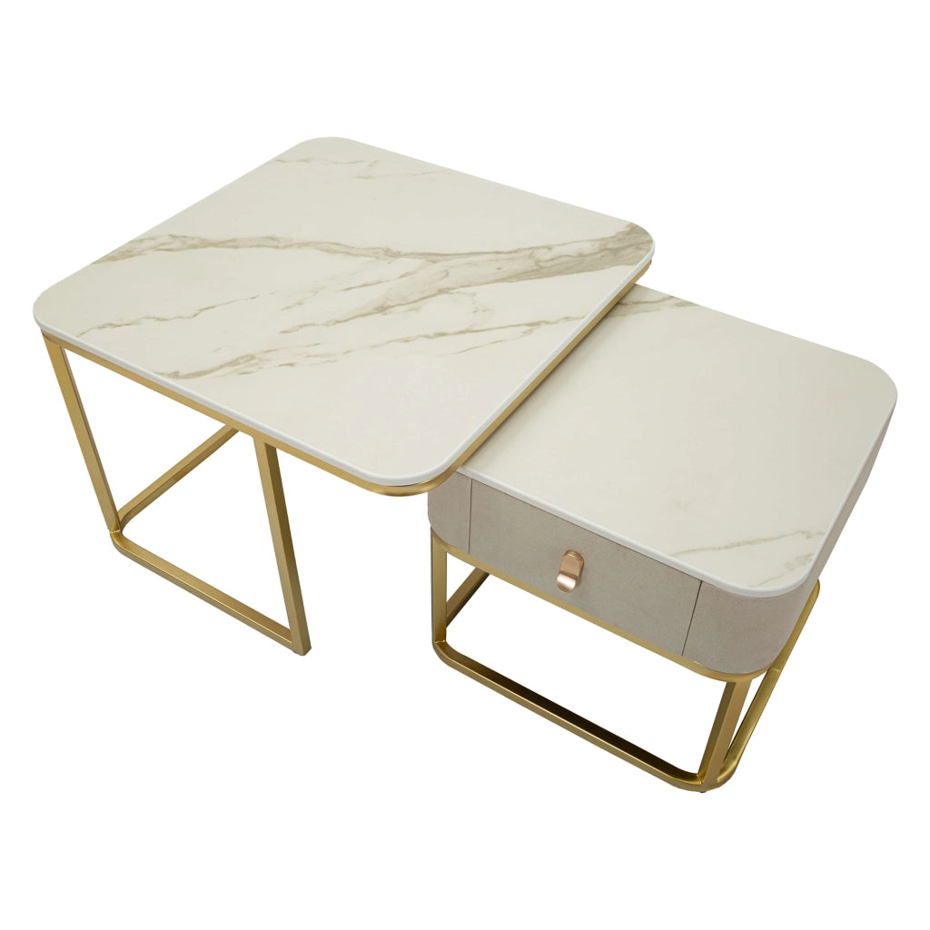 Davarere, Tavolino da Salotto un Cassetto, 70x70x48h cm Bianco Marmo