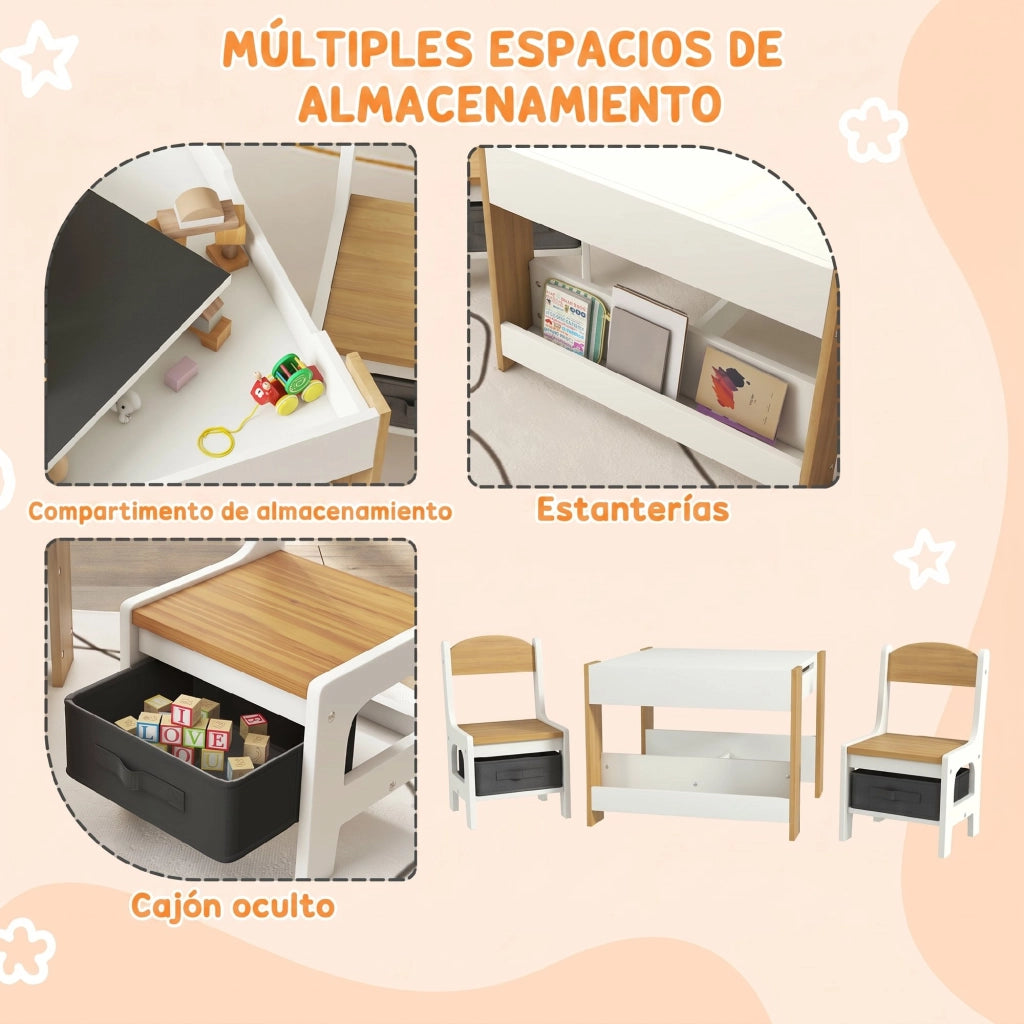 Set Tavolo e Sedie Bambini 3in1 ¨C Xylo ¨C Bianco Legno Naturale con Lavagna Cassetti