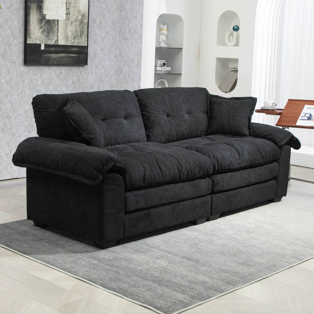 Divano diritto in chenille con cuscini a doppio strato e seduta profonda nero 214 × 89 × 93 cm