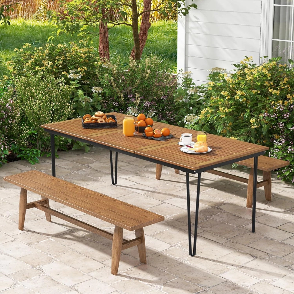 Tavolo da Giardino in Legno di Acacia, Tavolo da Esterno per 8 Persone, Tavolo Rettangolare da Birra con Foro per Ombrellone, 200x90x75 cm