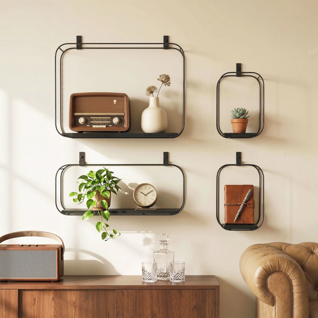 Set 4 Pezzi Mensole Flottanti Geometriche per Soggiorno in Metallo e MDF Nero