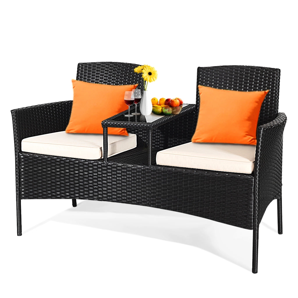 Set di mobili in rattan con struttura in metallo cuscini rimovibili, Poltrona da patio con tavolo in vetro Bianco-Set mobili da esterno