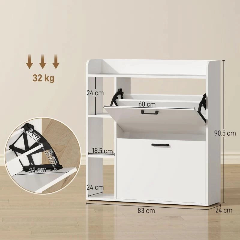 SCARPIERA SLIM CON 2 CASSETTI RIBALTABILI E 3 VANI APERTI, CAPACITÓ 15 SCARPE, 83X24X90.5 CM, BIANCO