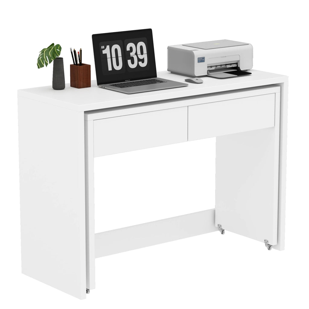 Scrivania pieghevole multifunzionale 2 in 1 con 2 cassetti e ruote, bianco, per studio e camera 110 × 40 × 78 cm