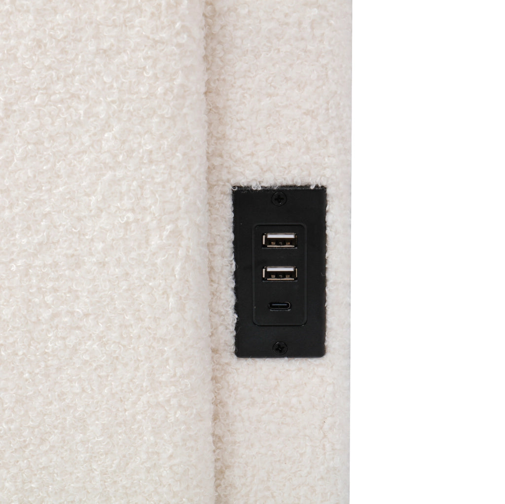 Letto contenitore 90x200 cm con USB A e USB C; tasche laterali; tessuto bouclé beige