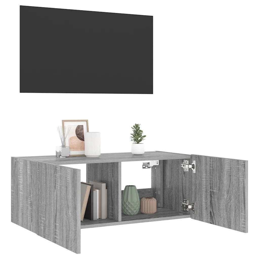 Mobile TV a Parete con Luci LED Grigio Sonoma 80x35x31 cm 837291