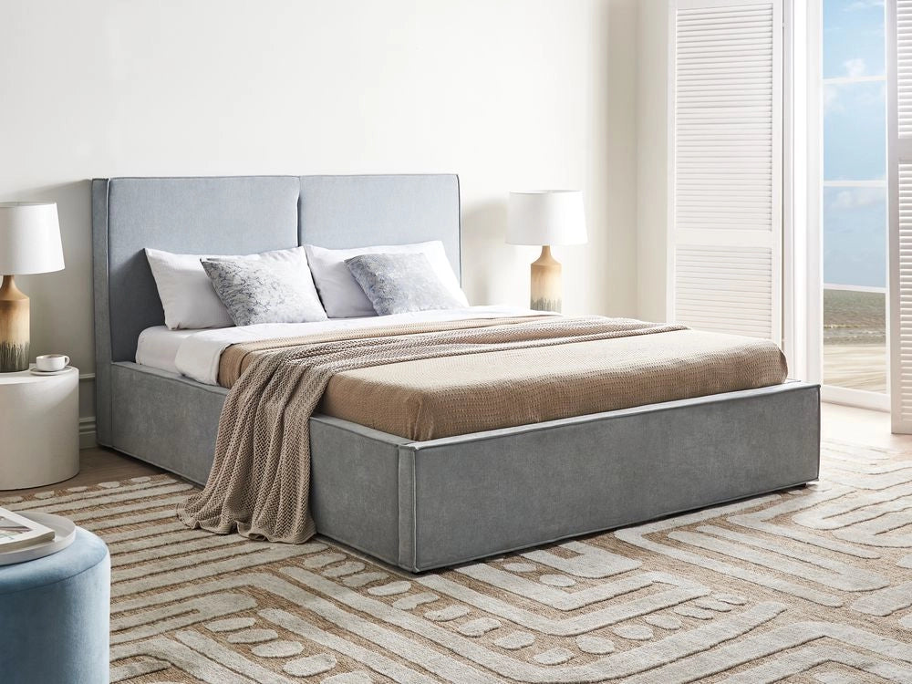 Letto matrimoniale a doghe con contenitore rete a doghe tessuto di ciniglia azzurro 160 x 200 cm camera da letto moderna