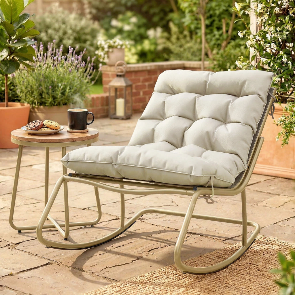 Poltrona dondolo da giardino ¨C zephmum ¨C in textilene beige e acciaio dorato 125x64 cm