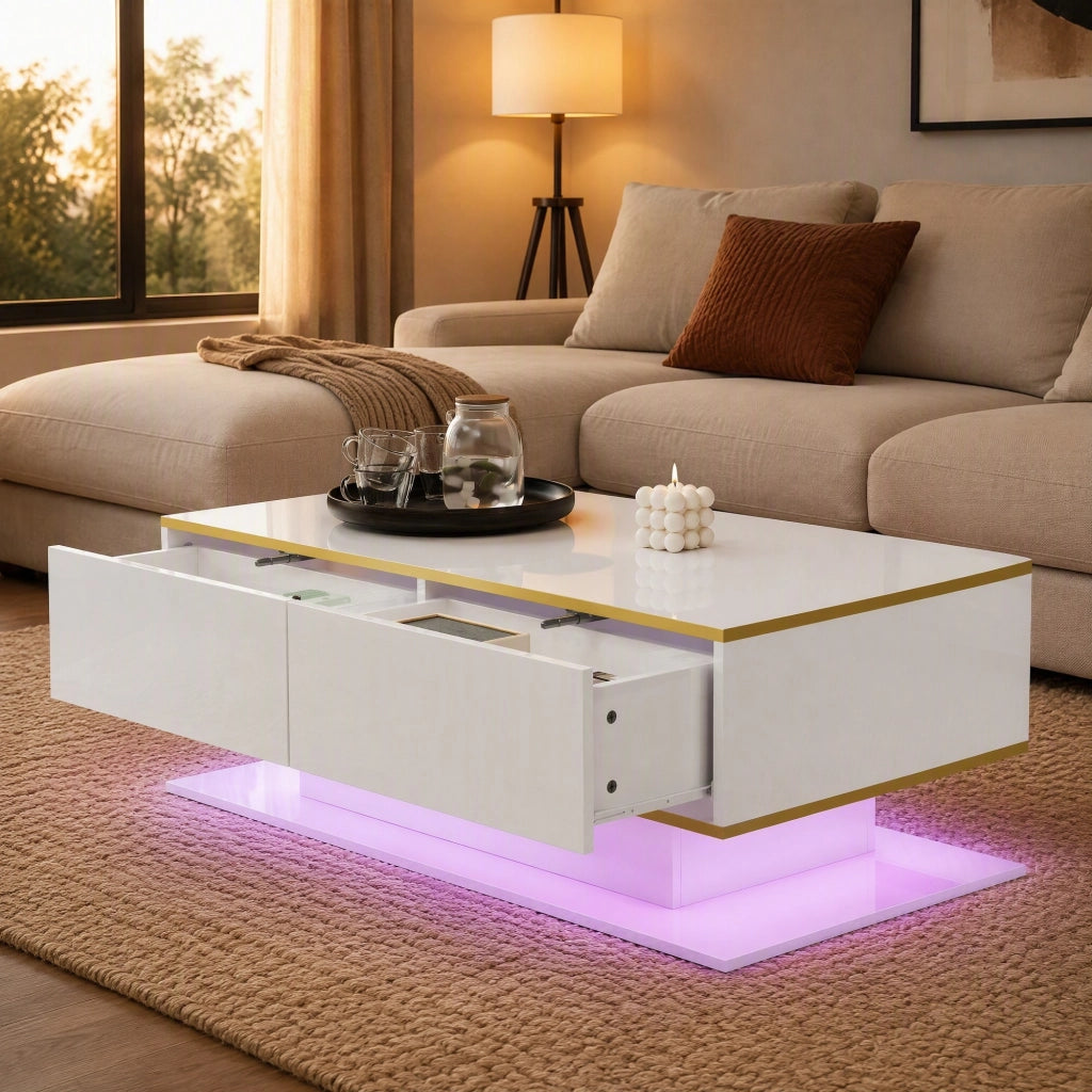 Tavolino da caffè bianco lucido con LED, 3 cassetti e dettagli oro