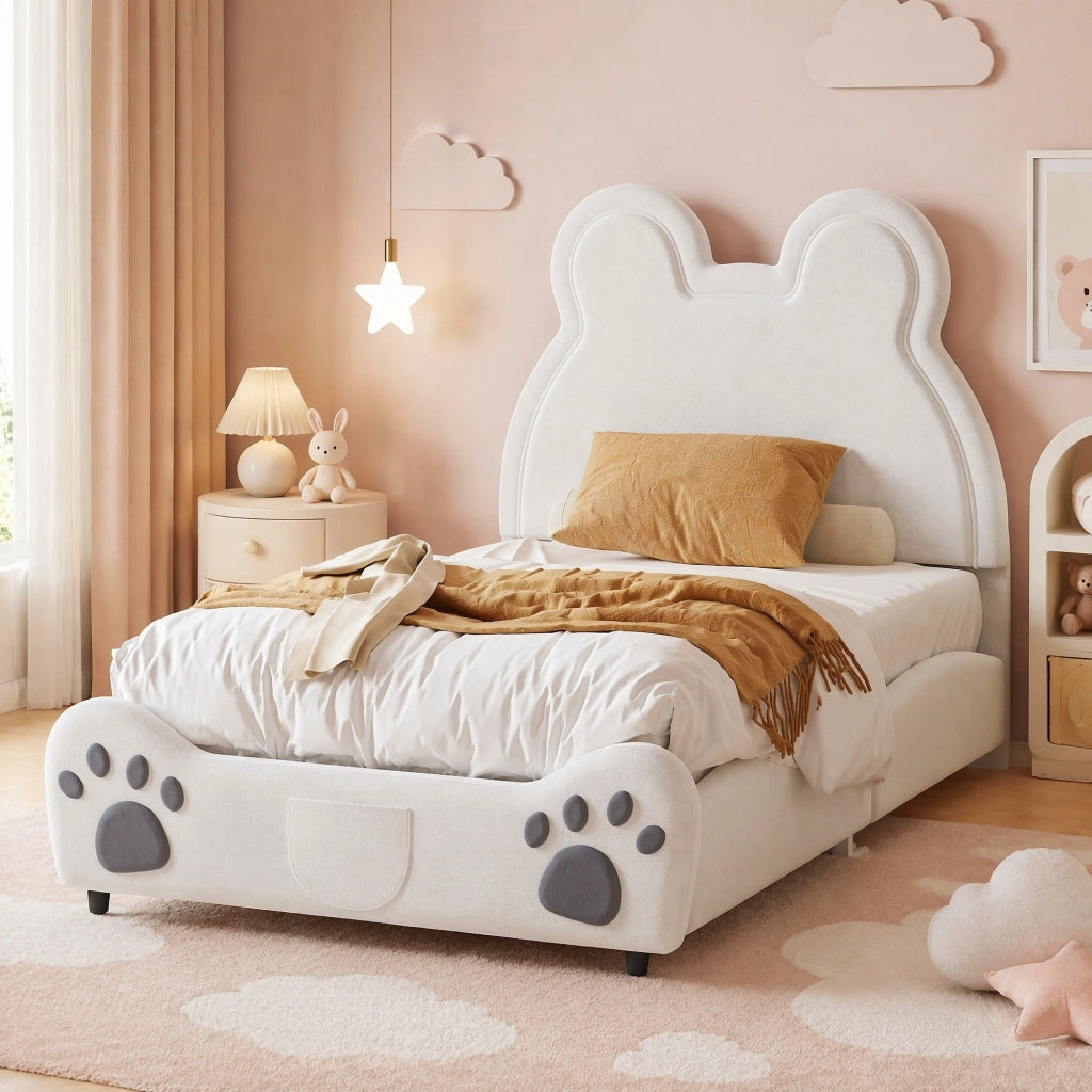 Letto imbottito per bambini a forma di orso, 90 x 200 cm, bianco