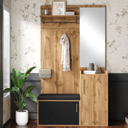 Mobile Ingresso con Specchio e Panca; Scarpiera con 1 Anta; Ganci e Ripiano; Stile Moderno; in Pannelli di Particelle; Nero e Rovere; 100??38??185 cm