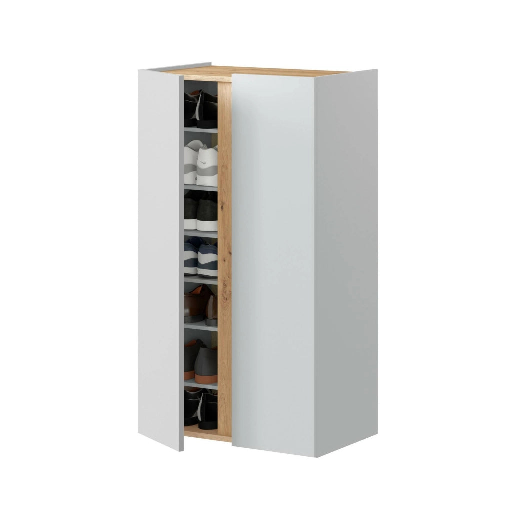 Scarpiera Gotto, Mobile portascarpe, Armadio da ingresso multiuso, Mobiletto per calzature, 57x35 h102 cm, Bianco e Rovere Nodi