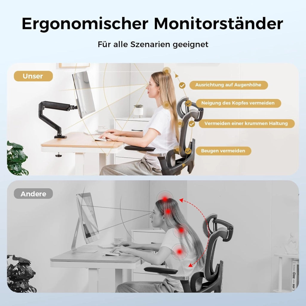 Supporto per monitor per monitor da 13 a 32 pollici, supporto singolo per braccio per monitor da 2 a 10 kg, altezza regolabile con inclinazioni, girevole, girevole, VESA 75 e 100 mm
