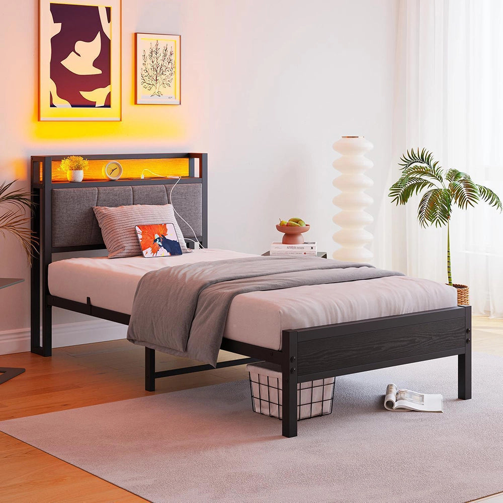 Letto 90x200cm LED - Xylo - USB testiera metallo facile montaggio