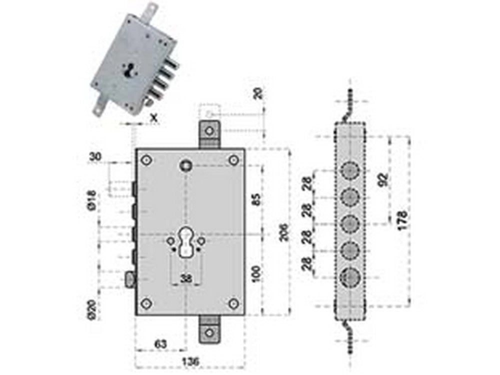 1pz serratura triplice applicare scrocco cilindro europeo blindate 50128 cod:ferx.fer287128