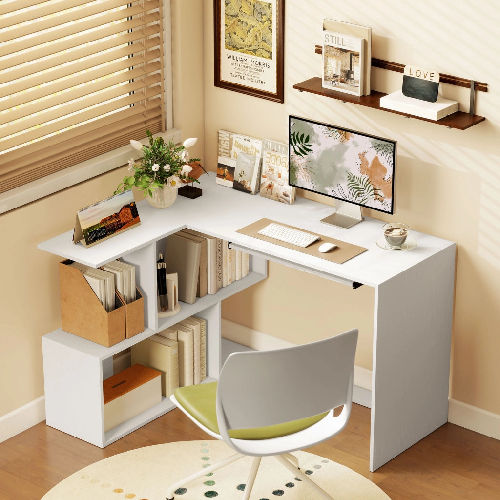 Scrivania Angolare Moderna con Ripiano Scorrevole e Scaffale ¨C Zephmum ¨C Bianco 90x50x