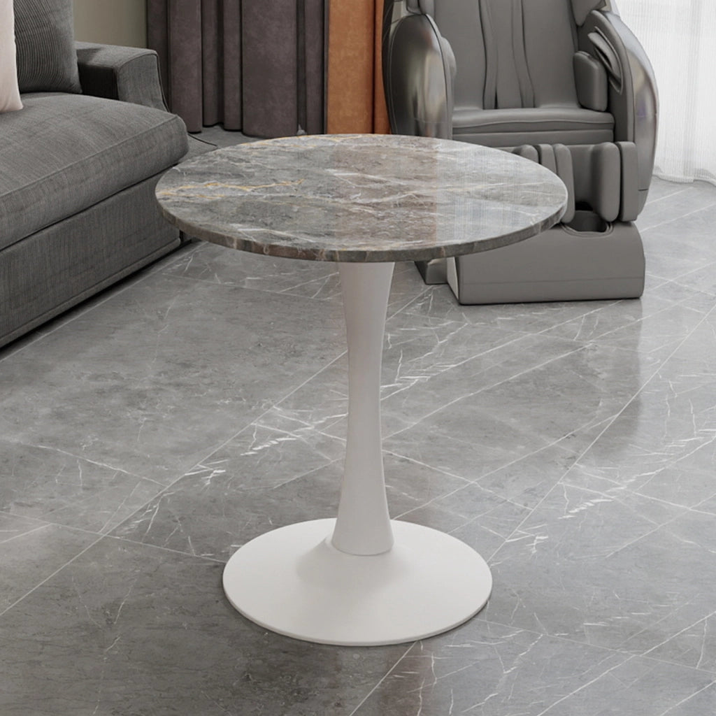 Tavolo da pranzo - rotondo 70 cm - stile mid-century - marmo grigio scuro - per 2-4 persone - bianco