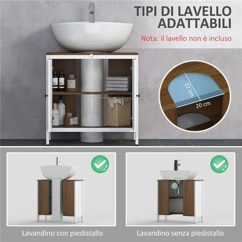 MOBILE SOTTO LAVABO BAGNO IN LEGNO CON RIPIANO INTERNO REGOLABILE 60X30X60 CM BIANCO E COLOR NOCE