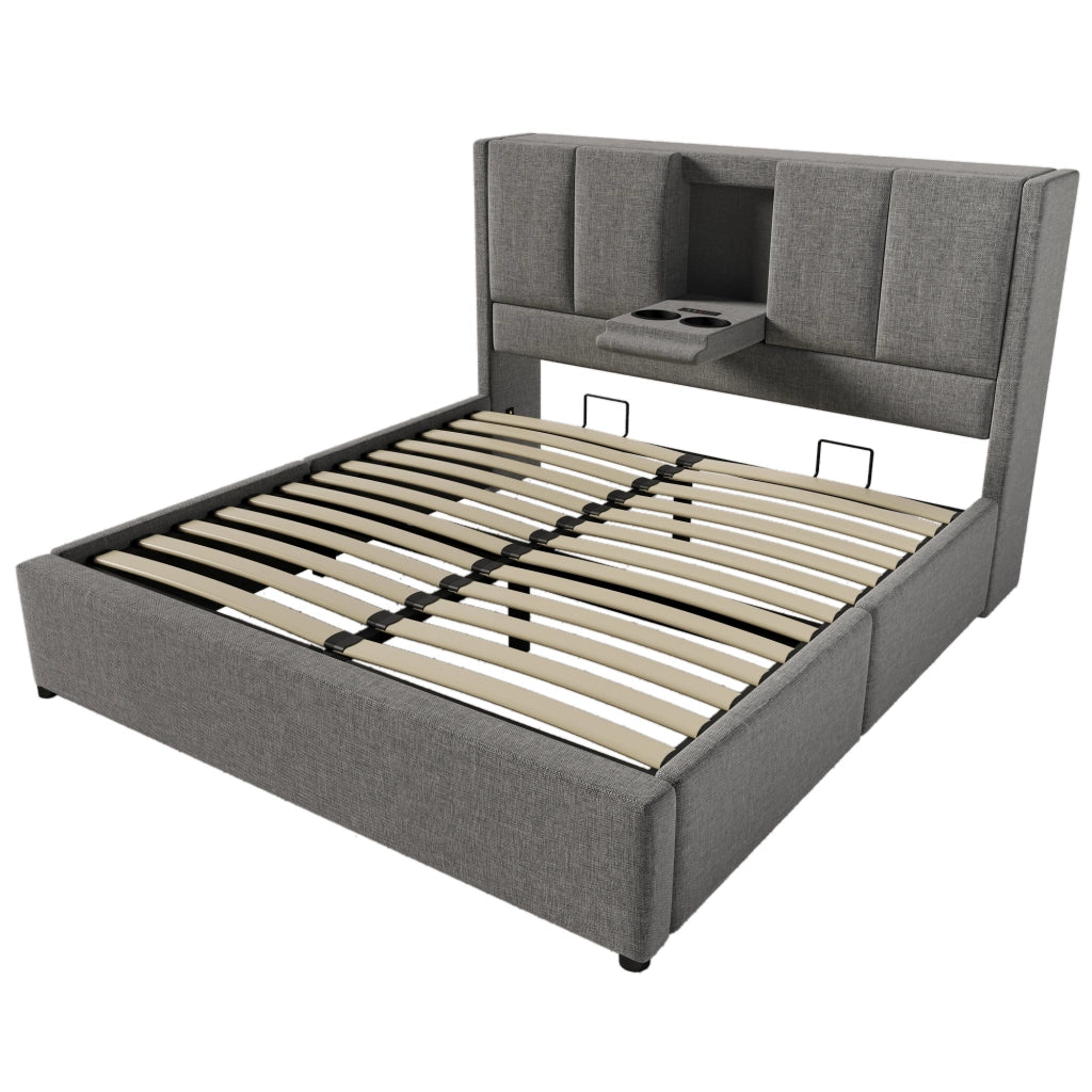 Letti contenitori 140x200 cm con porta bicchieri e stazione di ricarica; lino; grigio (Senza materasso)