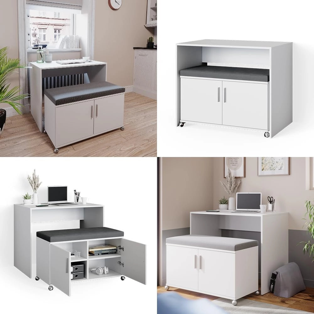 Scrivania con ruote Flona, Bianco, 93.2 cm, posizionabile in modo flessibile su ruote e allungabile