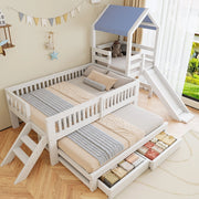 Letto per bambini a casetta 90 × 200 cm con letto estraibile, scivolo, scala laterale e cassetti, senza materasso, bianco