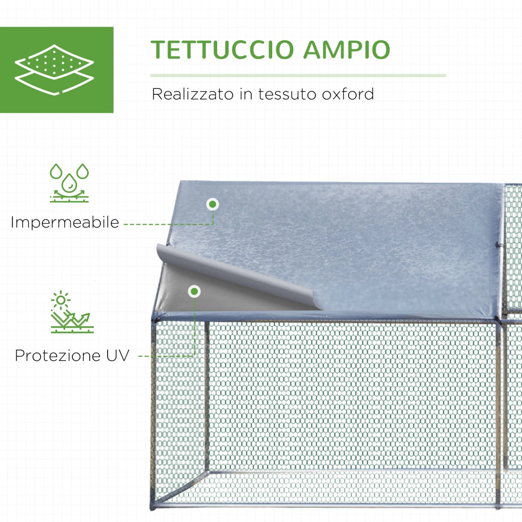 EasyComfort Pollaio per Galline da Esterno in Metallo con Copertura in Tessuto Oxford, 600x303.5x195 cm, Argento