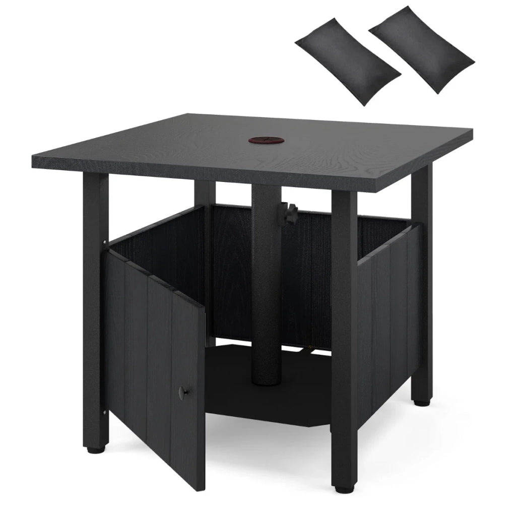 Tavolino da esterno 55,5 x 55,5 x 48 cm con foro per ombrellone e sacchi di sabbia stile rustico lega di zinco-ferro nero 20_0013872