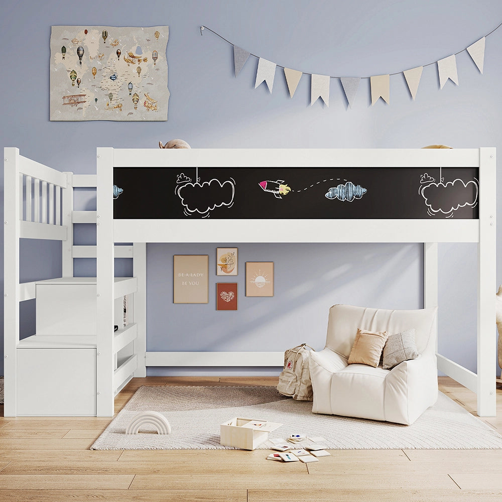 Letto a soppalco per bambini - Xylo - 90x200 cm - Bianco - Con protezione anti-caduta