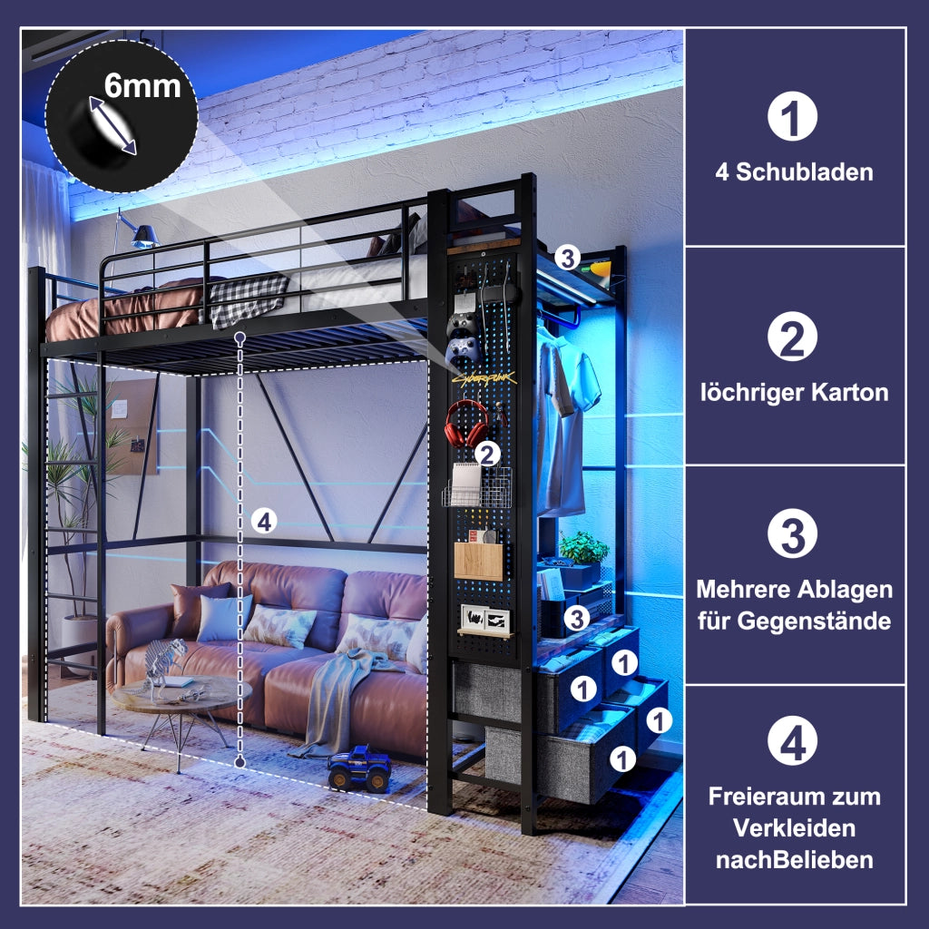 DESMIU Letto a soppalco Letto singolo con 4 cassetti, ripiani, USB, Type-C e LED 90 × 200 cm, senza materasso