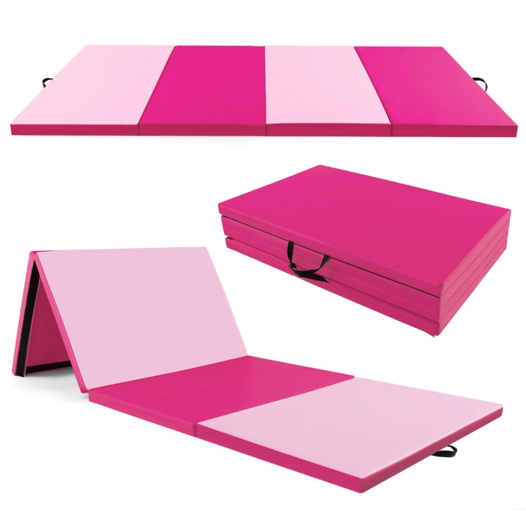 Tappetino per ginnastica pieghevole a 4 pannelli con maniglie chiusure a strappo-Tappetino in ecopelle 300x117cm Rosa scuro