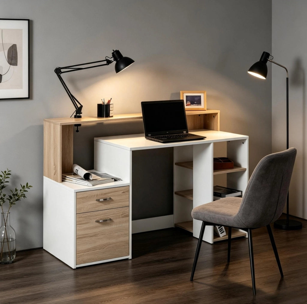Scrivania compatta in MDF con cassetti e ripiani aperti, 137x55x92 cm, colori rovere e bianco
