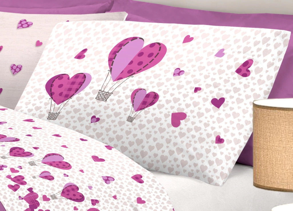 Completo Lenzuola Linea Pensieri Delicati 100% Cotone Disegno Mongolfiera - Matrimoniale - Glicine