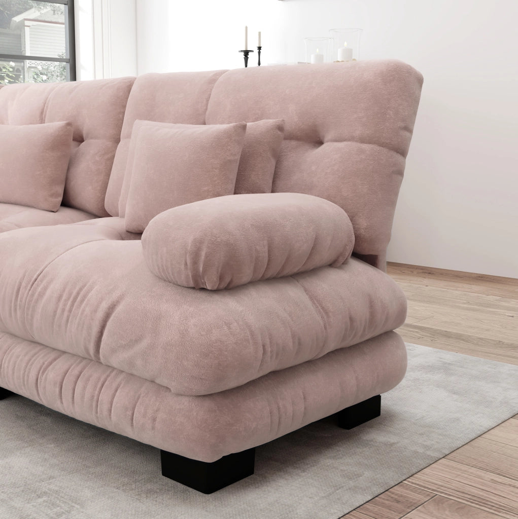 Divano angolare 220x77x81 cm con seduta cloud; cuscini lombari; chenille; rosa