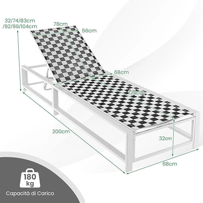 Lettino Giardino con Ruote, Sedia Sdraio Esterno con Schienale Regolabile, con Tessuto Traspirante, Telaio in Metallo, per Giardino Piscina Spiaggia, Portata 180 kg