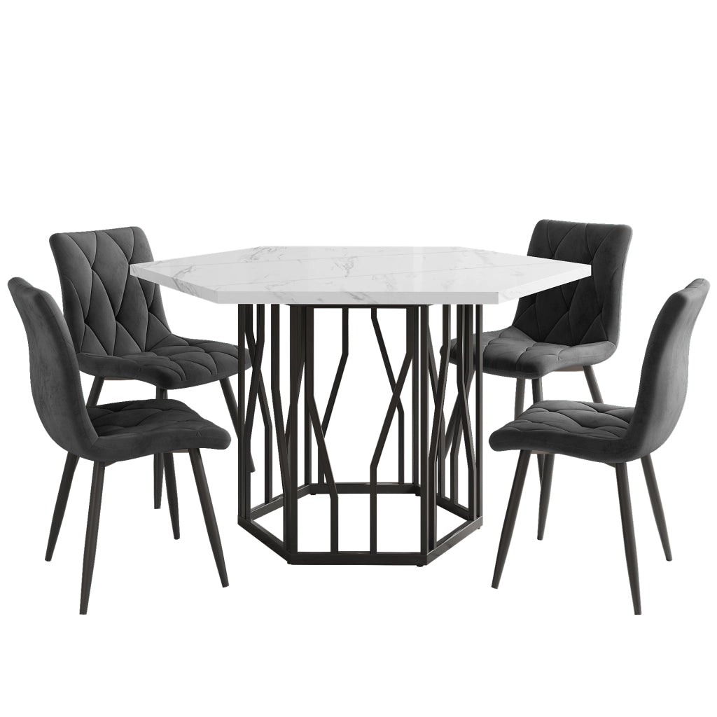 Tavolo da Pranzo Esagonale con 4 Sedie ¨C MINIMAL ¨C Effetto Marmo, Velluto Grigio