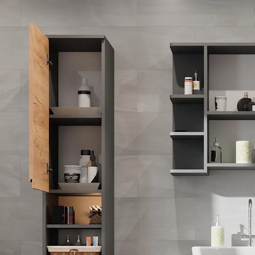 Mobile bagno alto J-Shape, Grigio, 30 x 190 cm, per conservare e combinare con altri elementi a forma di J