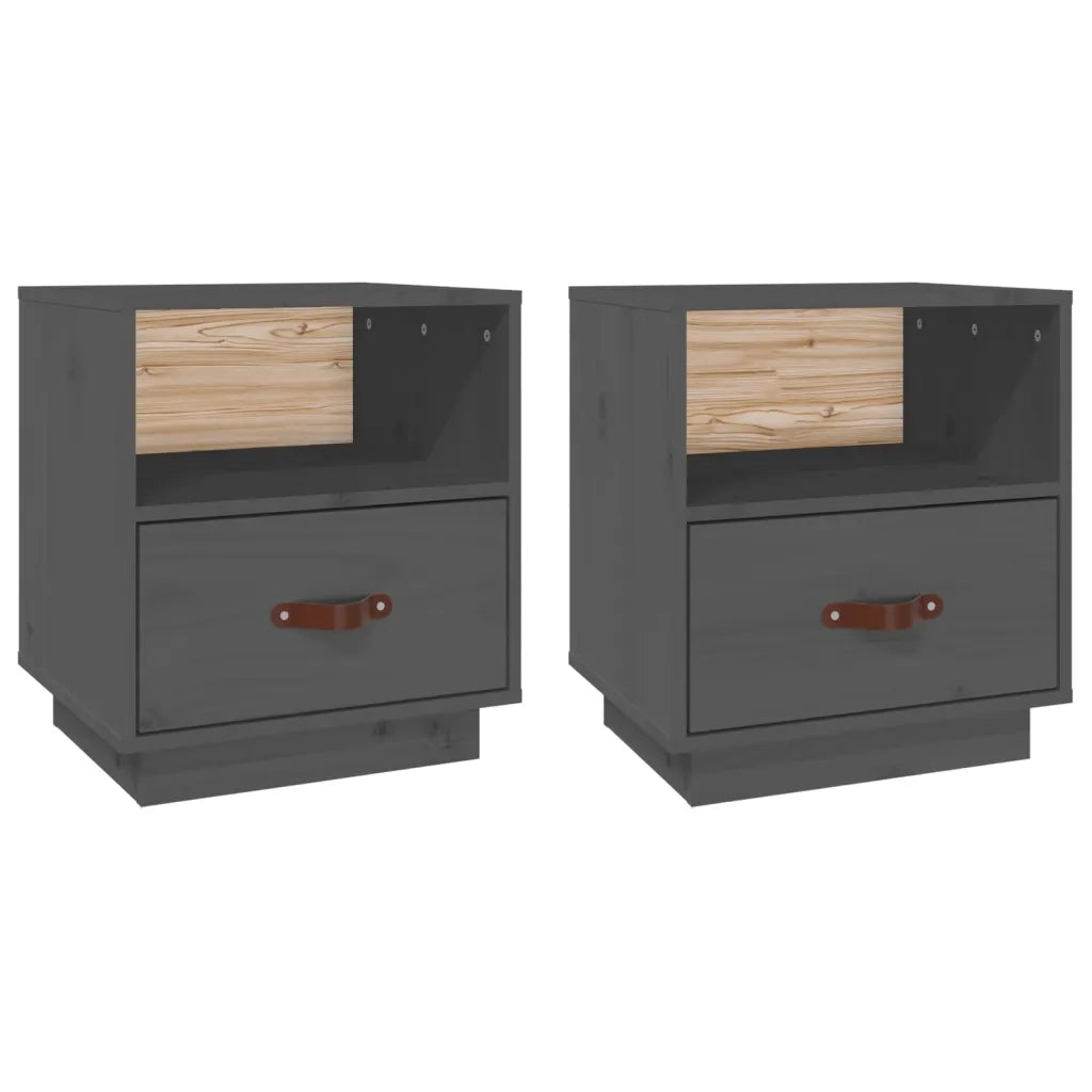 Set di 2 Comodini | Armadio da Notte | Mobiletto da notte Grigi 40x34x45 cm in Legno Massello di Pino