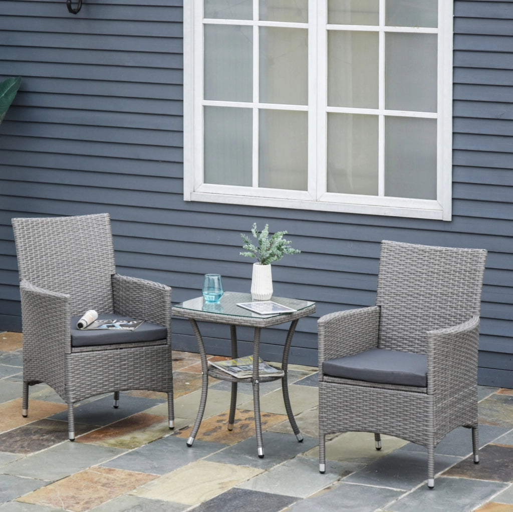 Set patio per 2 persone in rattan sintetico con tavolino; cuscini sfoderabili; grigio chiaro
