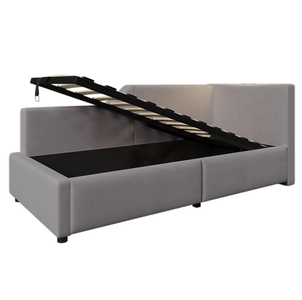 Letto contenitore 90x200 cm con lampada da lettura e USB-C; velluto grigio (Senza materasso)