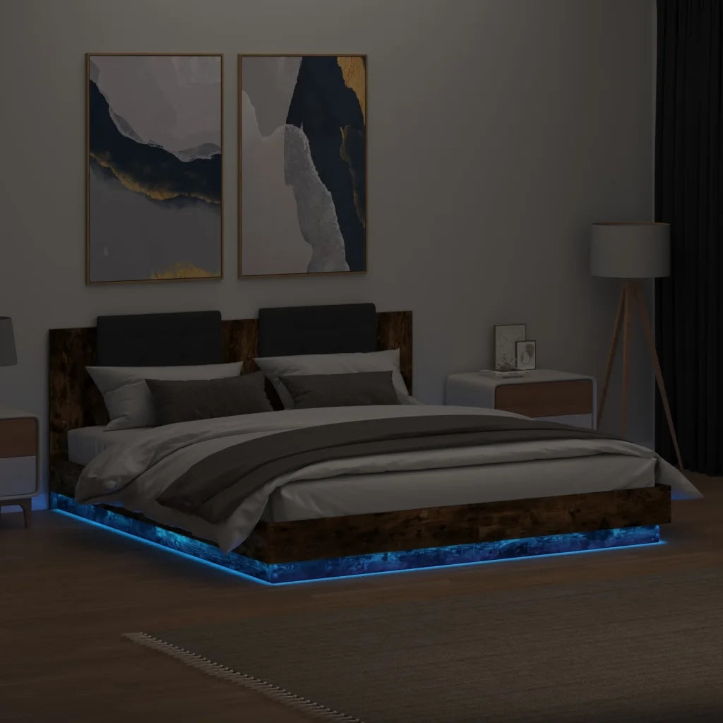Giroletto con Testiera e LED Rovere Fumo 200x200 cm 3209986